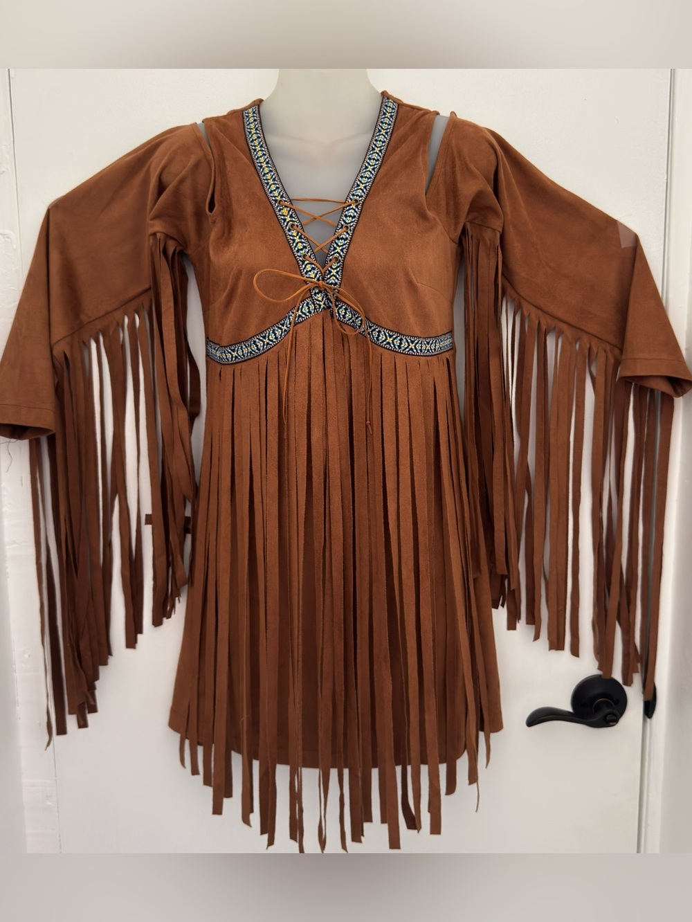 Spirit native of America Brown Suede Fringe Long Sleeve Dress with Beaded Trim